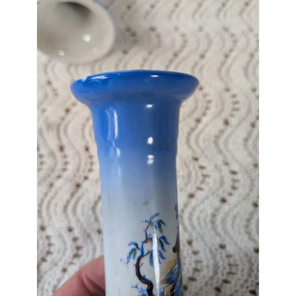 2 Pcs Porcelain Candlestick Holders - Blue with Japanese Garden Scene